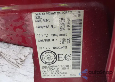 2019 Nissan Murano Platinum/S/Sl/Sv из США, поврежденный, VIN 5N1AZ2MS8KN150005